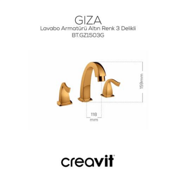 Creavit GZ1503G Giza 3 Delikli Sifonlu Lavabo Bataryası - Altın