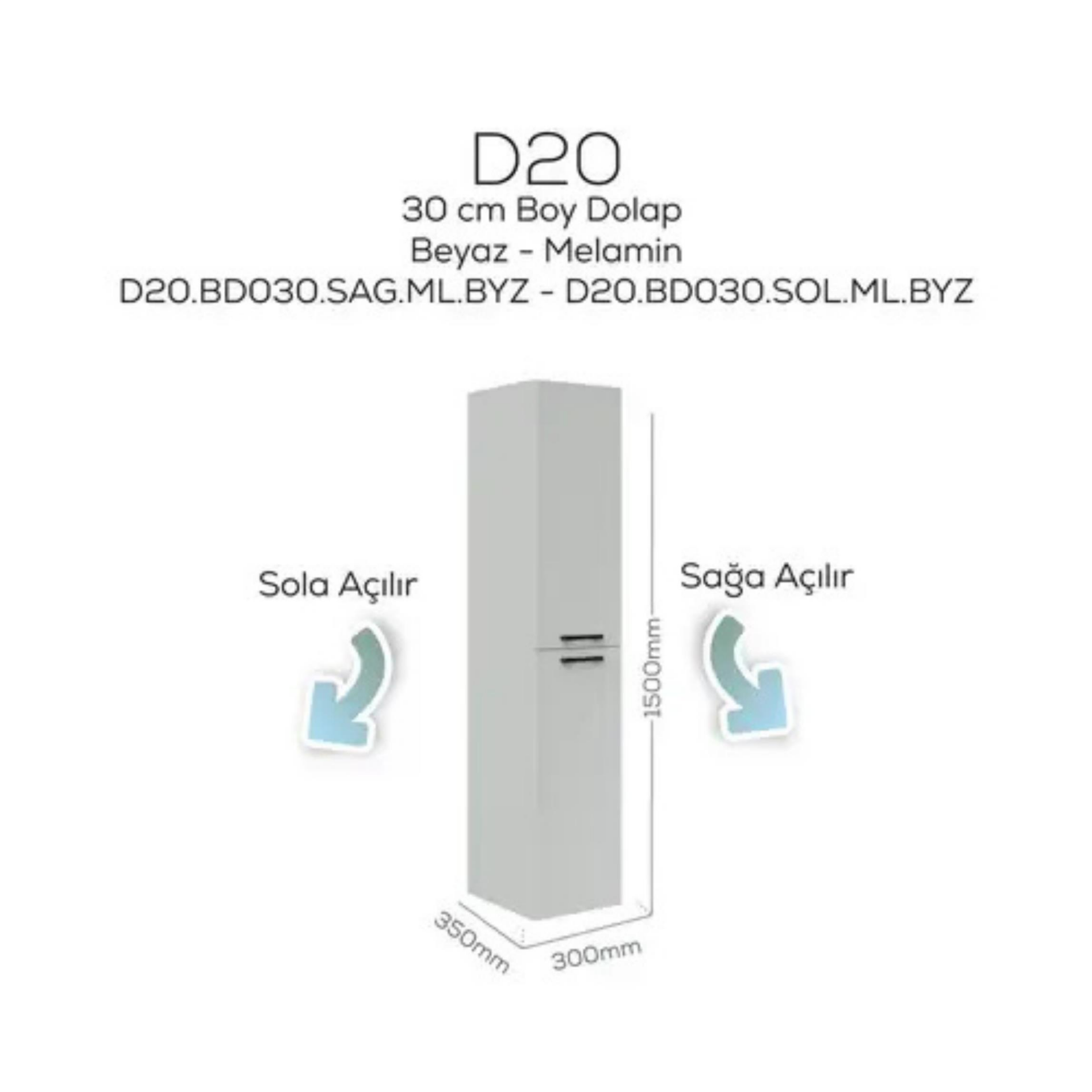 Creavit D20 Sağa Açılan Boy Dolabı Beyaz